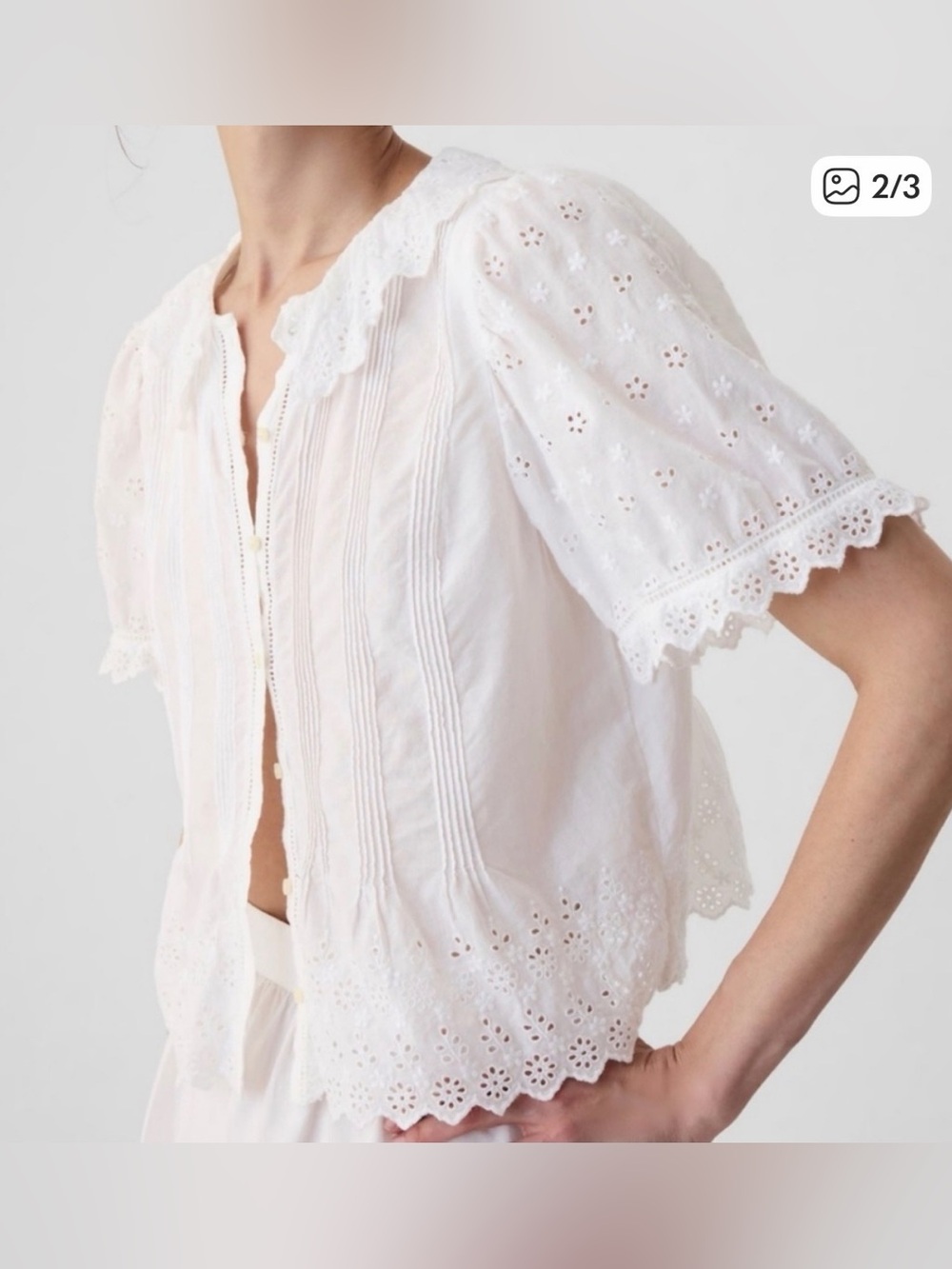 White Eyelet Button-Front Short Sleeve Top - Picture 2 of 13